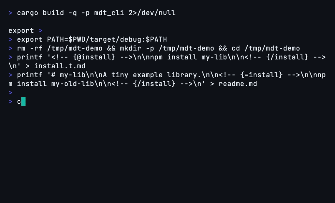 Terminal demo: mdt check catches doc drift, mdt update syncs it